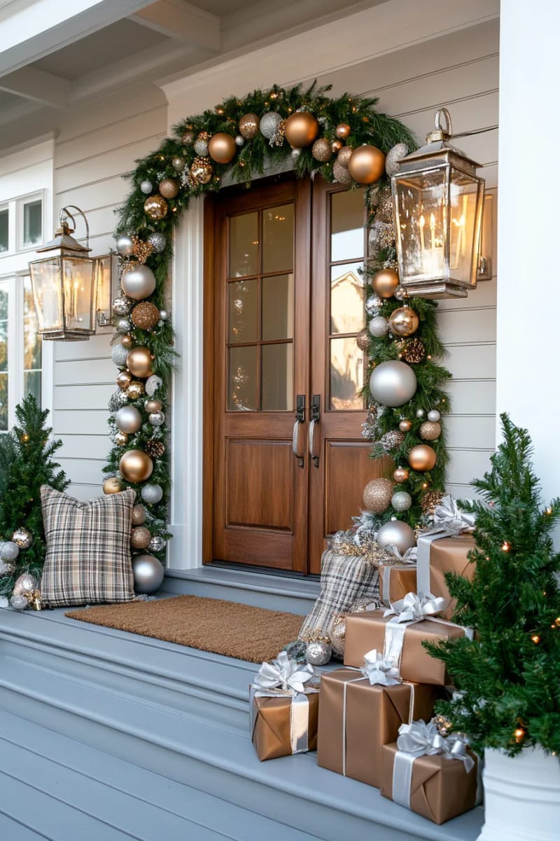 27 Beautiful Christmas Front Door Decor Ideas to Inspire 16 frosted garland with metallic ornaments and pinecones around the frame 1