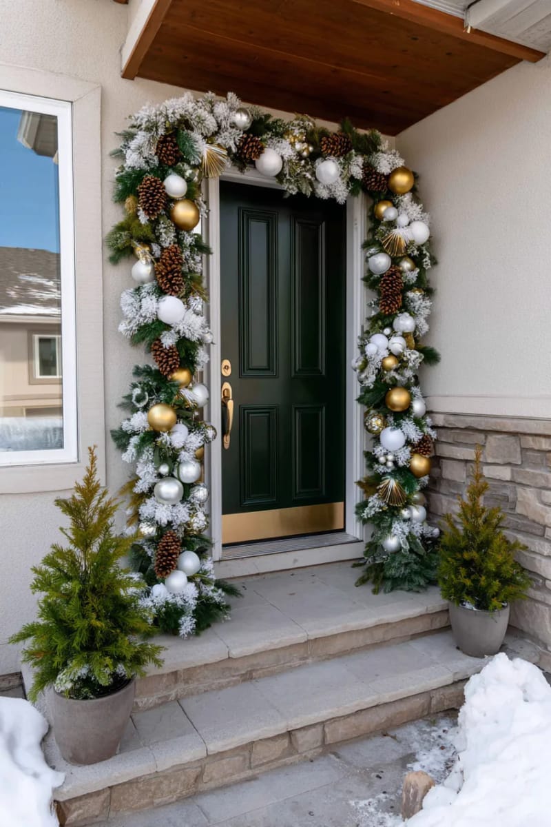 27 Beautiful Christmas Front Door Decor Ideas to Inspire 17 frosted garland with metallic ornaments and pinecones around the frame 1