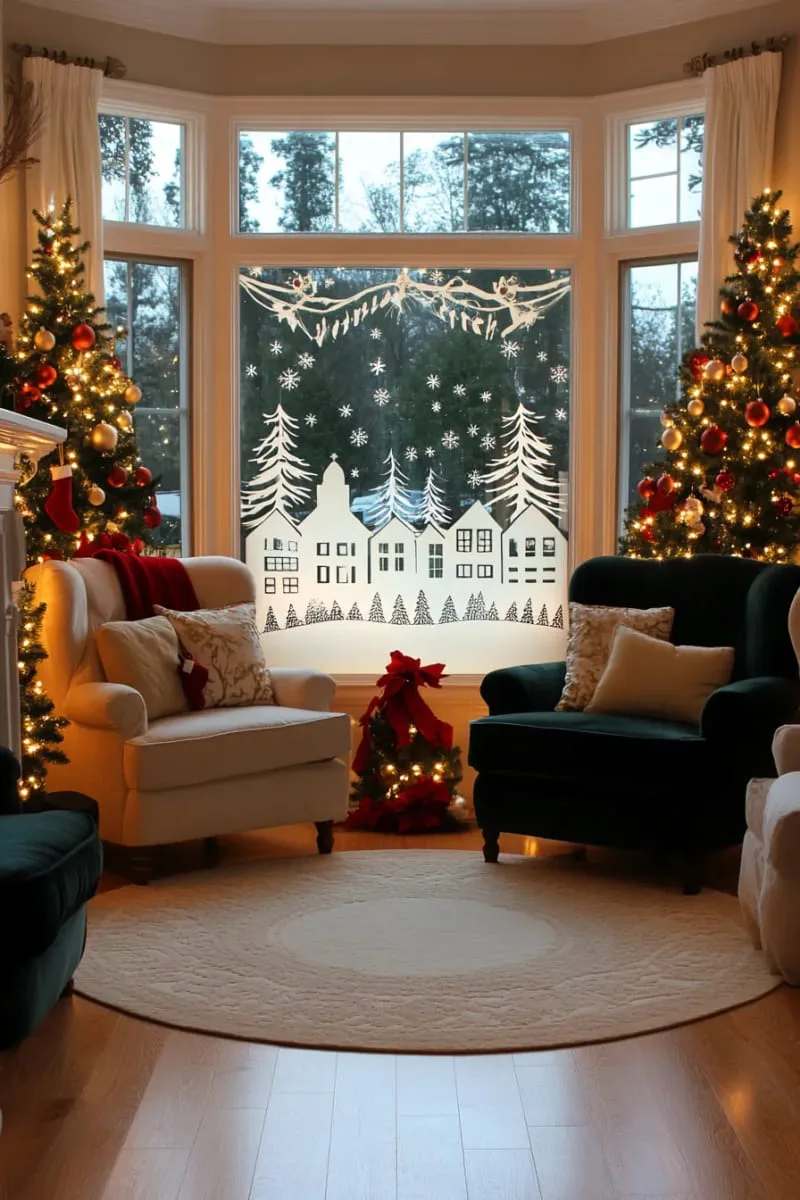 25 Best Christmas Window Decor Ideas to Try This Year 2 frosted glass paint with snowy village silhouettes and tiny fairy lights. 1