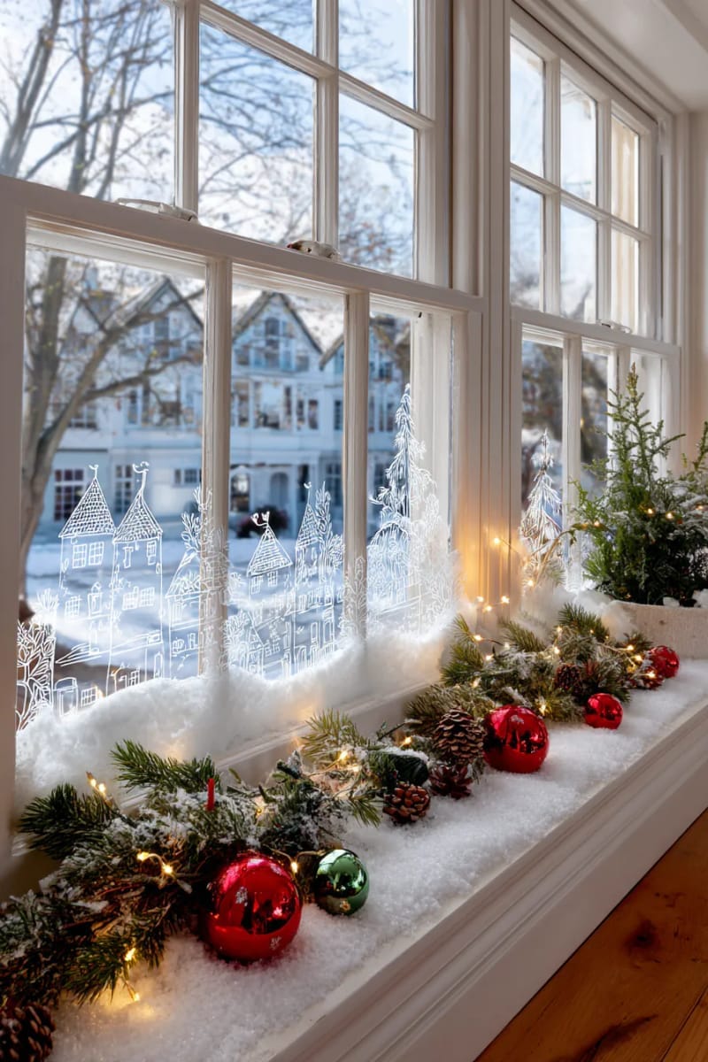 25 Best Christmas Window Decor Ideas to Try This Year 4 frosted glass paint with snowy village silhouettes and tiny fairy lights. 1