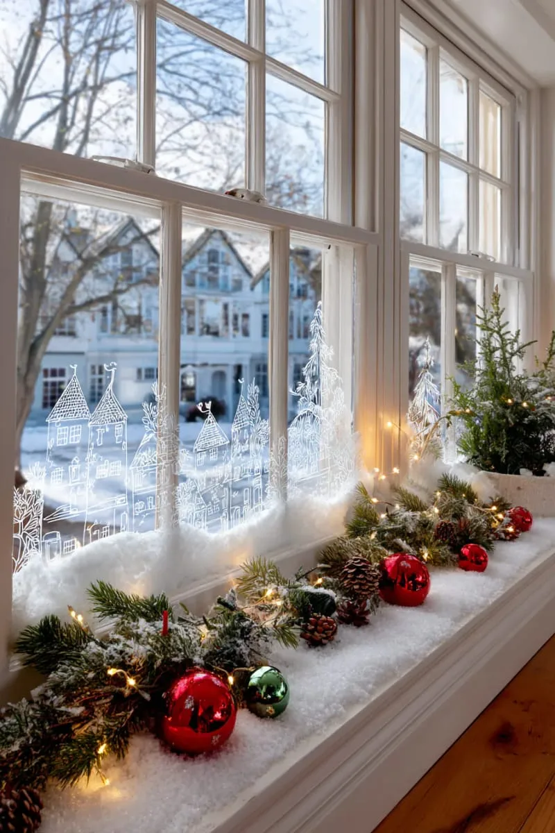 25 Best Christmas Window Decor Ideas to Try This Year 3 frosted glass paint with snowy village silhouettes and tiny fairy lights. 1