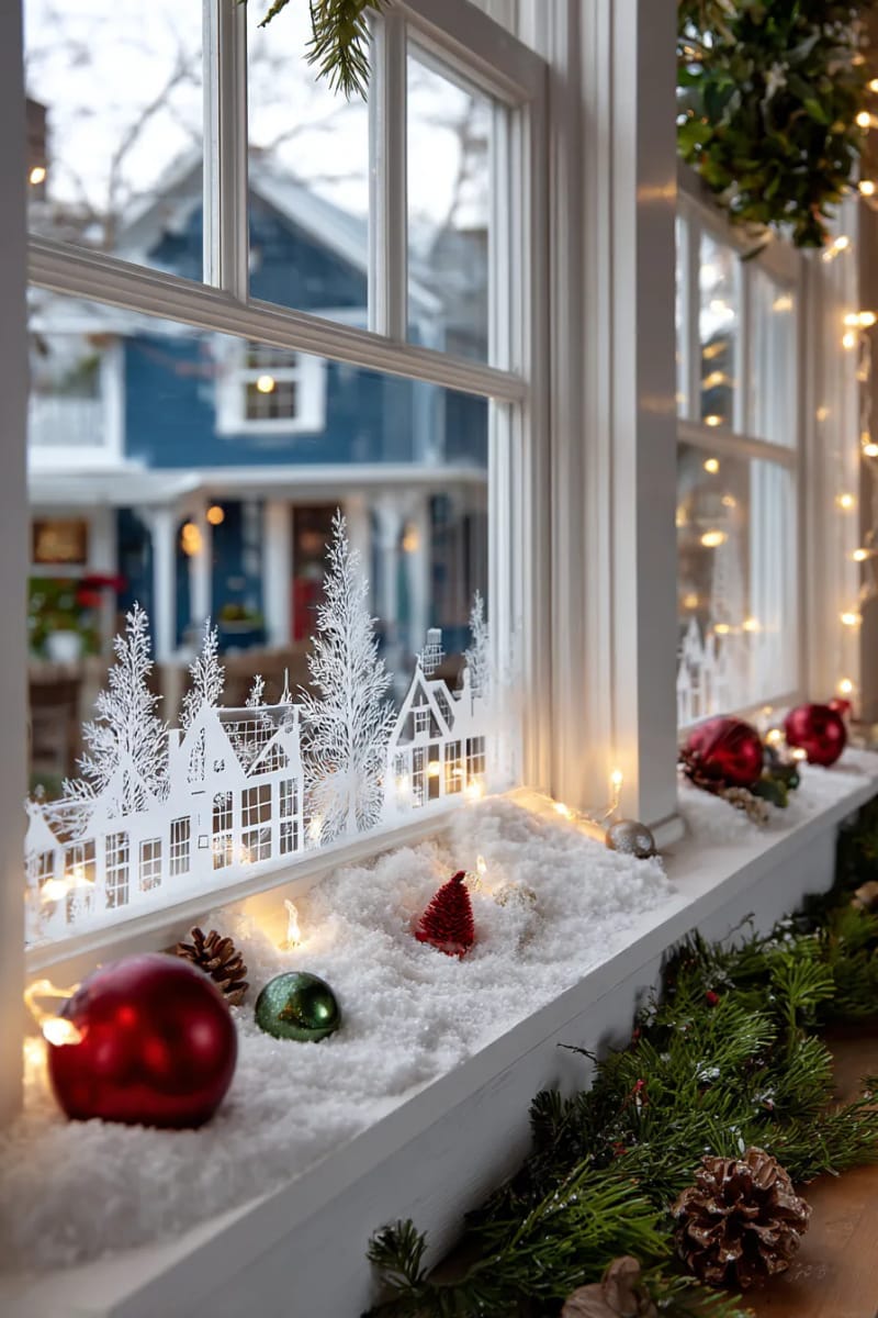 25 Best Christmas Window Decor Ideas to Try This Year 5 frosted glass paint with snowy village silhouettes and tiny fairy lights. 1