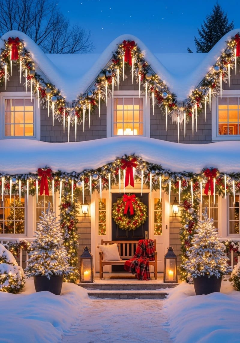 frosted icicle lights cascading from rooftop and window frames 1