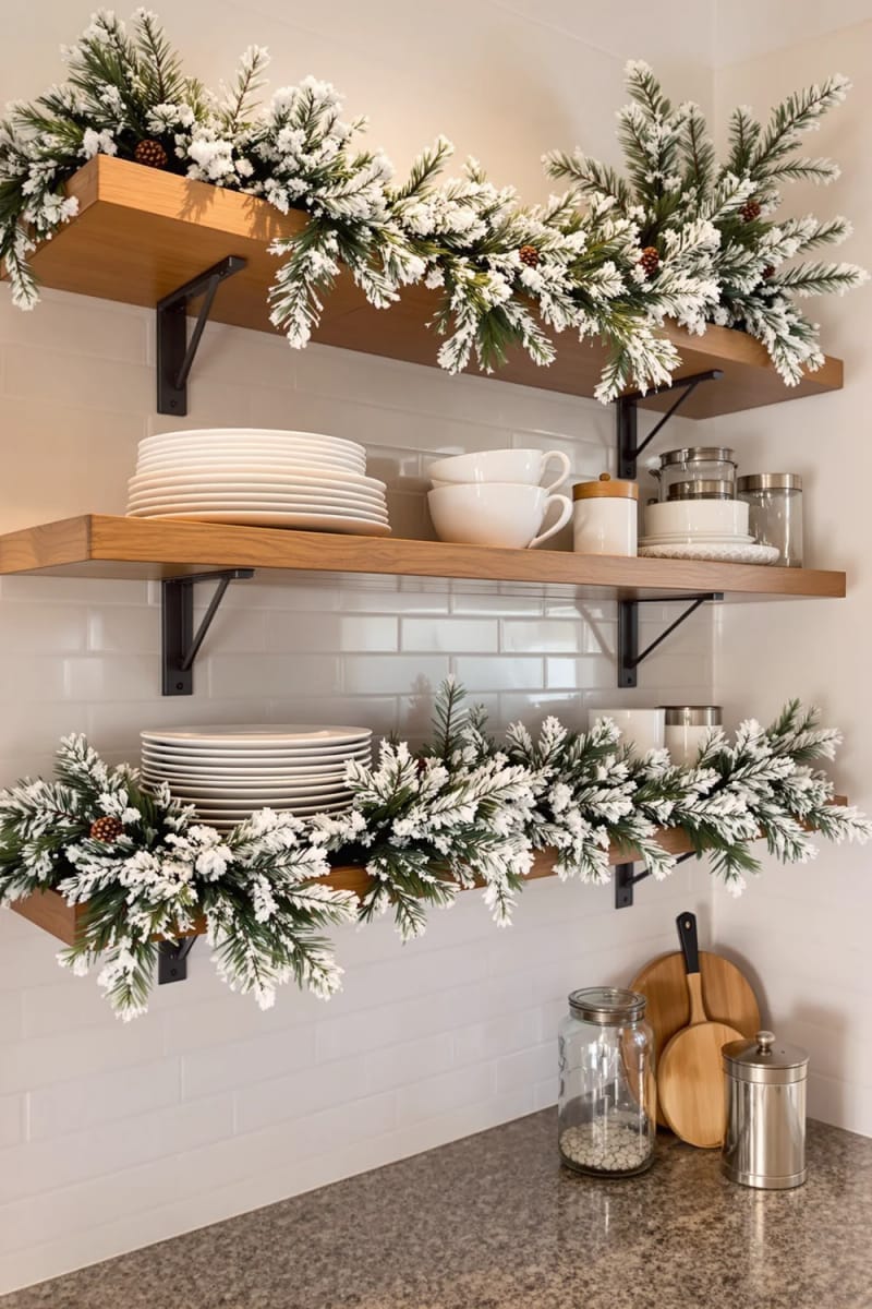 frosted pine garland woven through open kitchen shelving 1