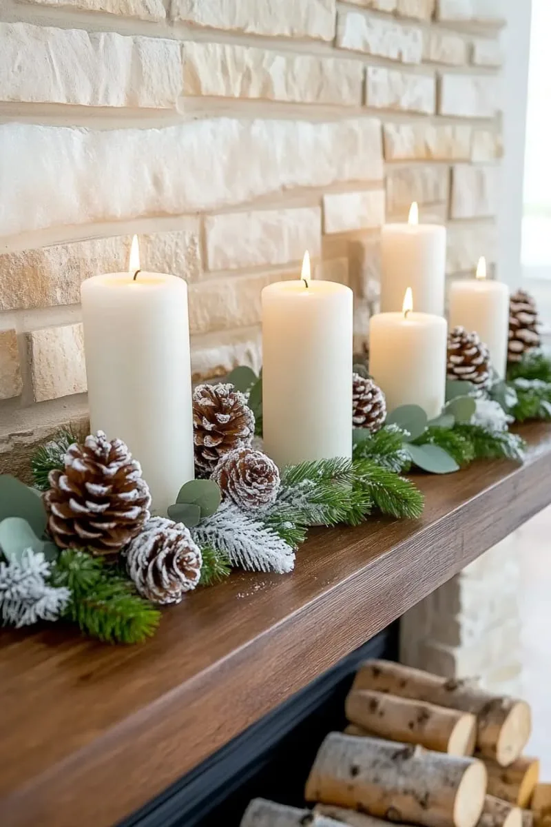 frosted pinecone garland draped across a rustic wood mantel 1