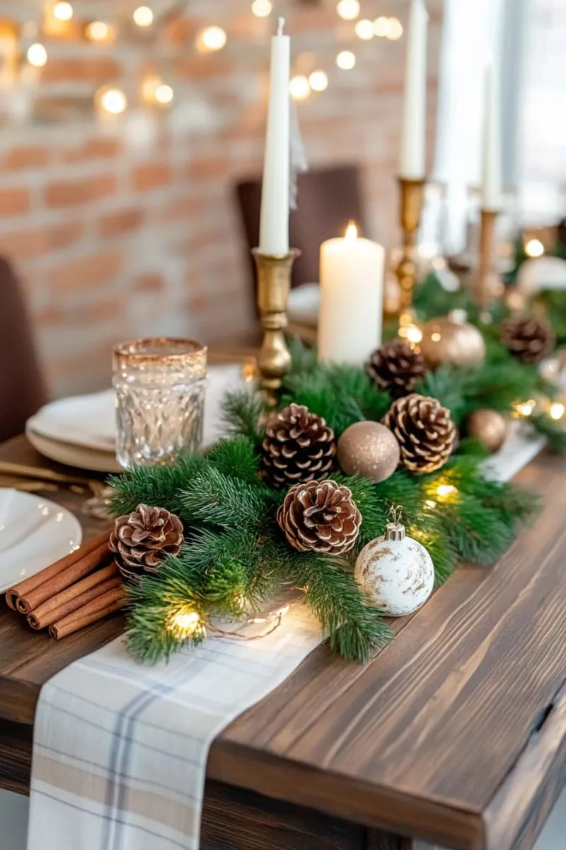 frosted pinecone garland draped across a rustic wooden mantel with fairy lights 1