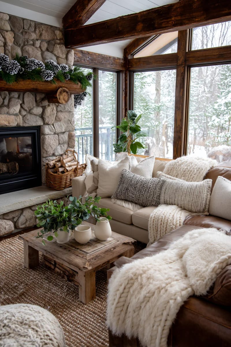 25 Gorgeous Winter Decor Ideas (Not Christmas) for a Serene Home 4 frosted pinecone garland draped across a rustic wood mantel 1