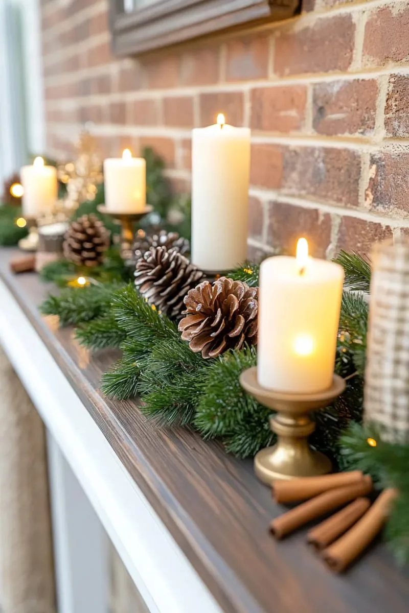 frosted pinecone garland draped across a rustic wooden mantel with fairy lights 1