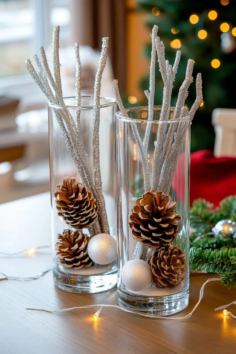 25 New Gorgeous White Christmas Decor Ideas That Wow 11 frosted pinecones in glass vases with silver-painted branches 1