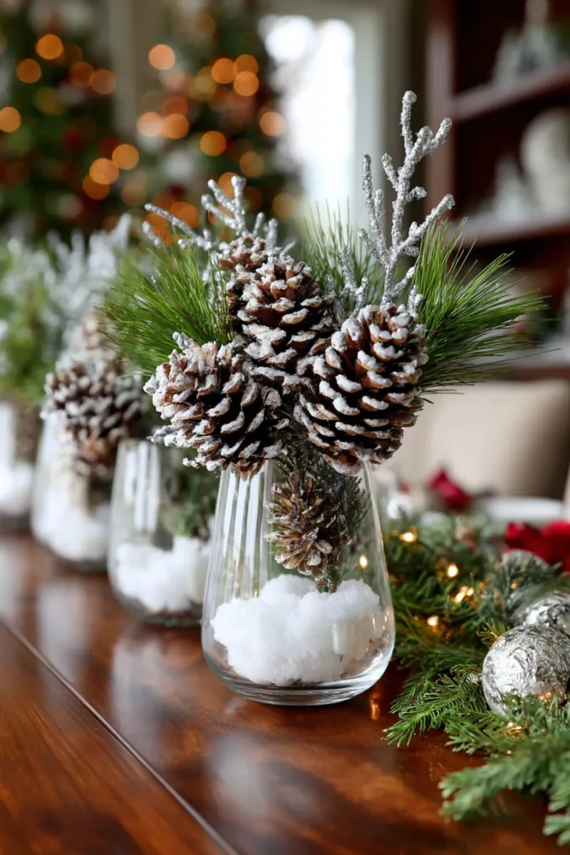 25 New Gorgeous White Christmas Decor Ideas That Wow 12 frosted pinecones in glass vases with silver-painted branches 1