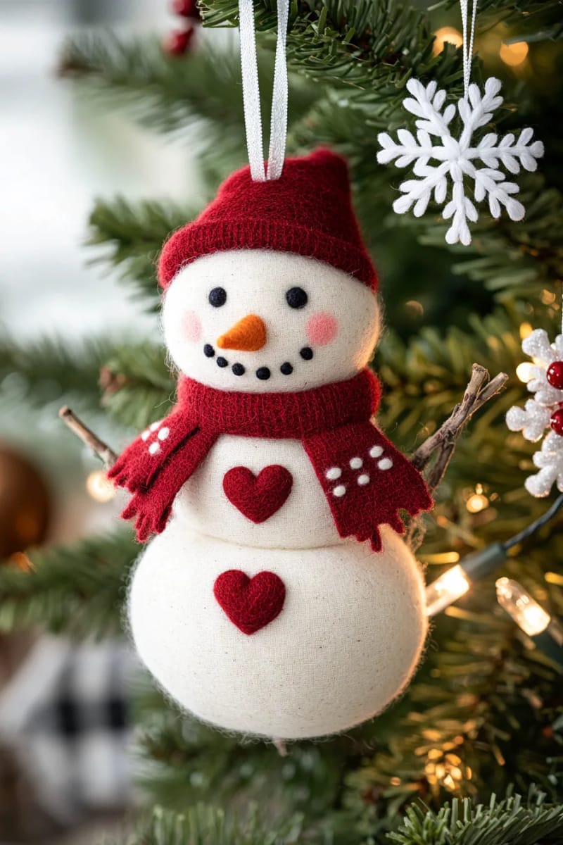 frosty snowman felt ornament with stitched red scarf and heart buttons 1