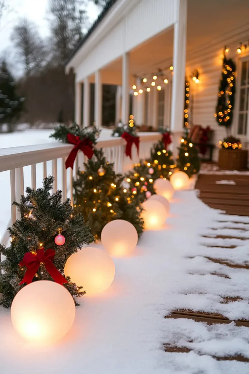 frozen water balloon luminaries lining a snowy outdoor path on christmas eve 1