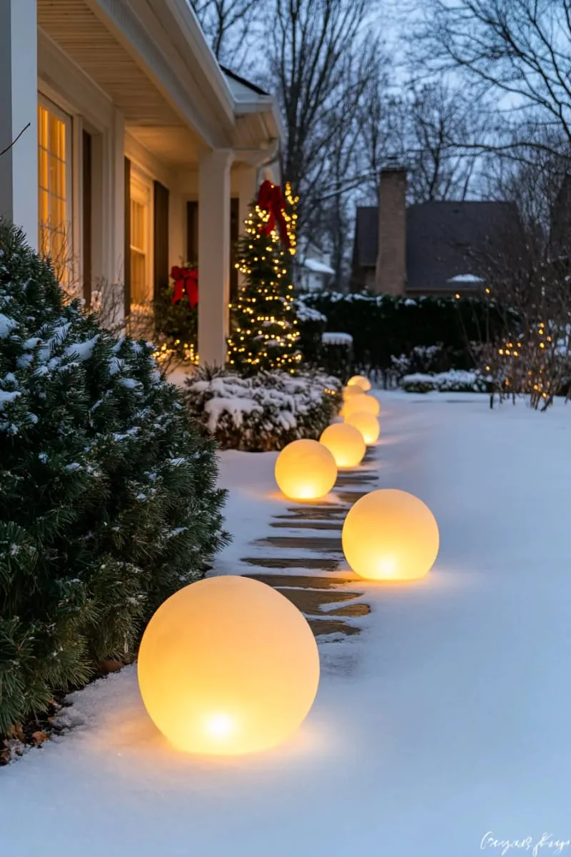 frozen water balloon luminaries lining a snowy outdoor path on christmas eve 1