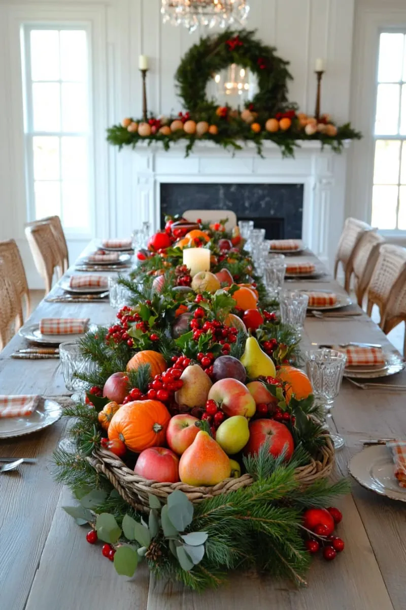 27 Ways to Blend Thanksgiving and Christmas Decor Beautifully 38 fruit and gourd basket centerpiece with red berries and evergreen sprigs 1