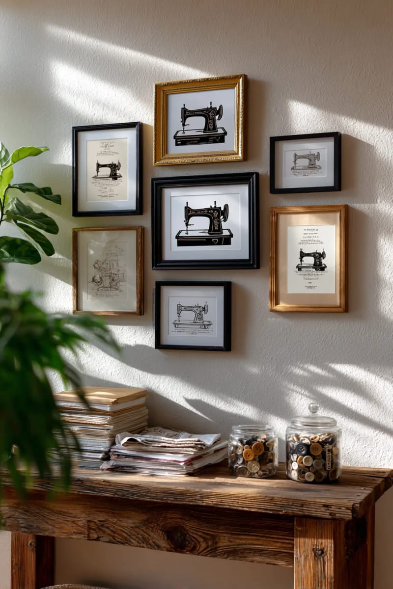 gallery wall featuring vintage sewing machine illustrations 1