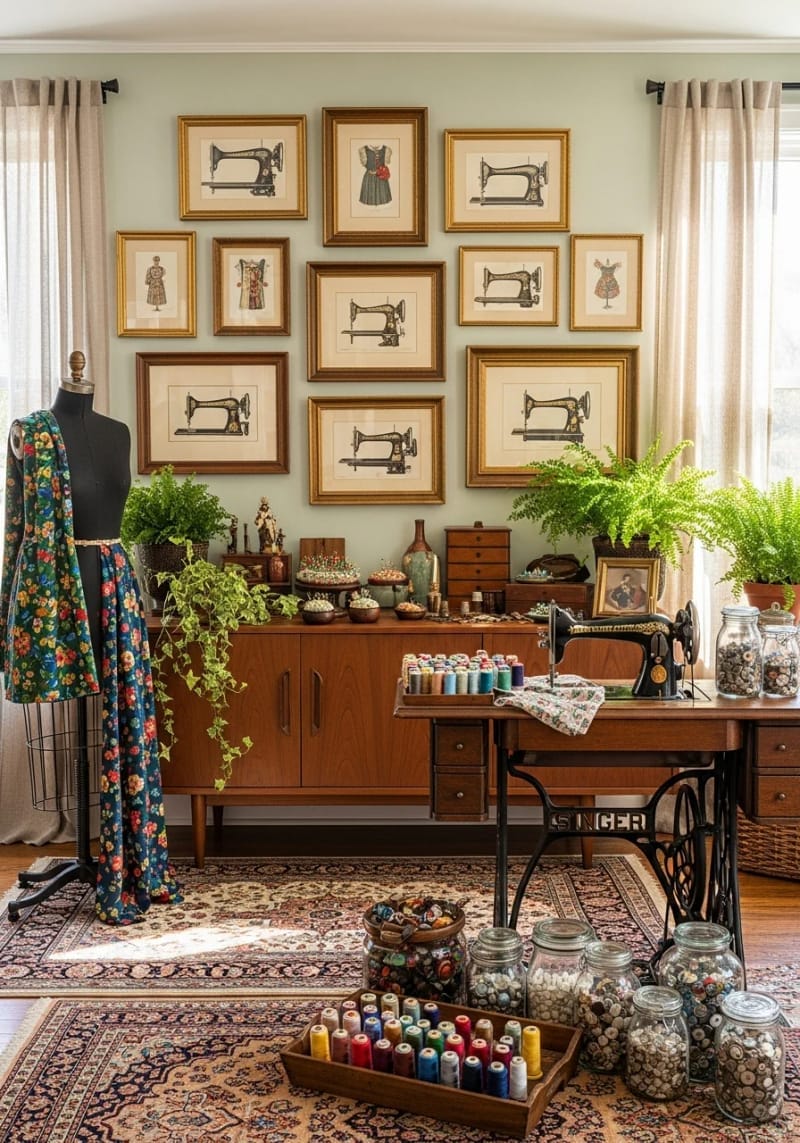 gallery wall featuring vintage sewing machine illustrations 1