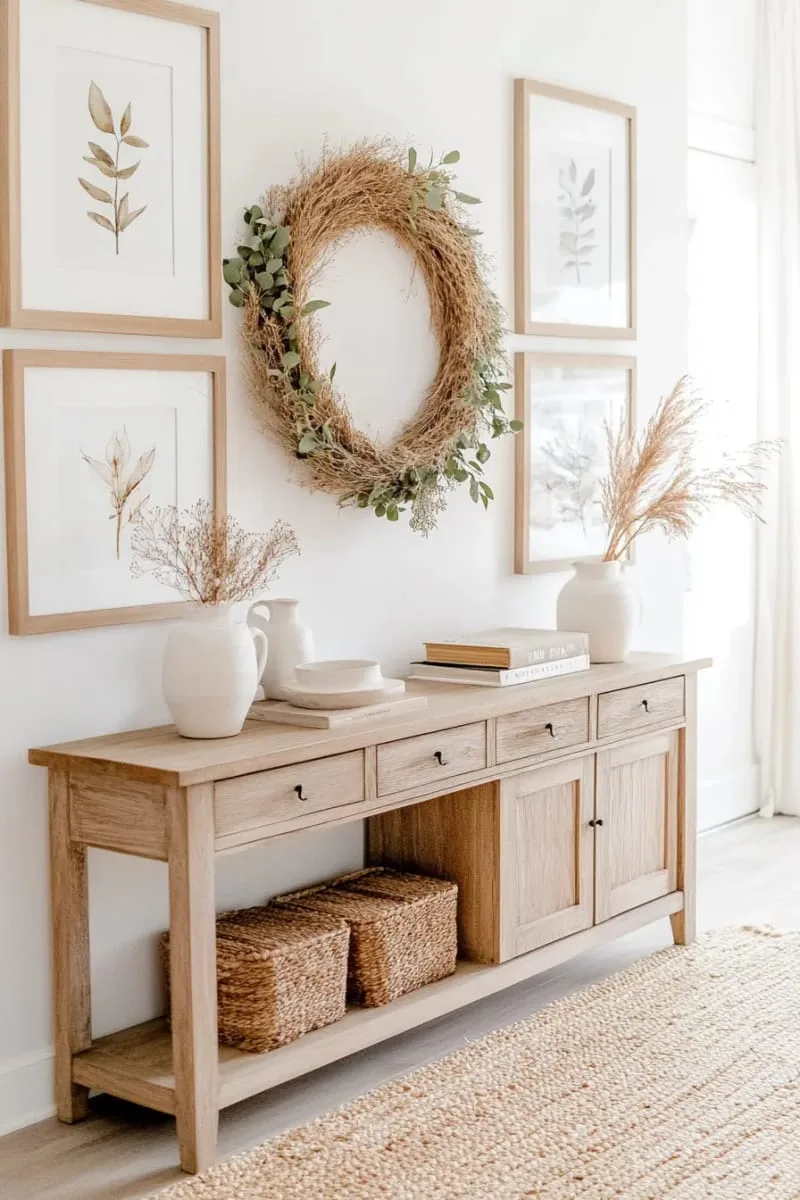 gallery wall of framed botanical prints and neutral wreath 1