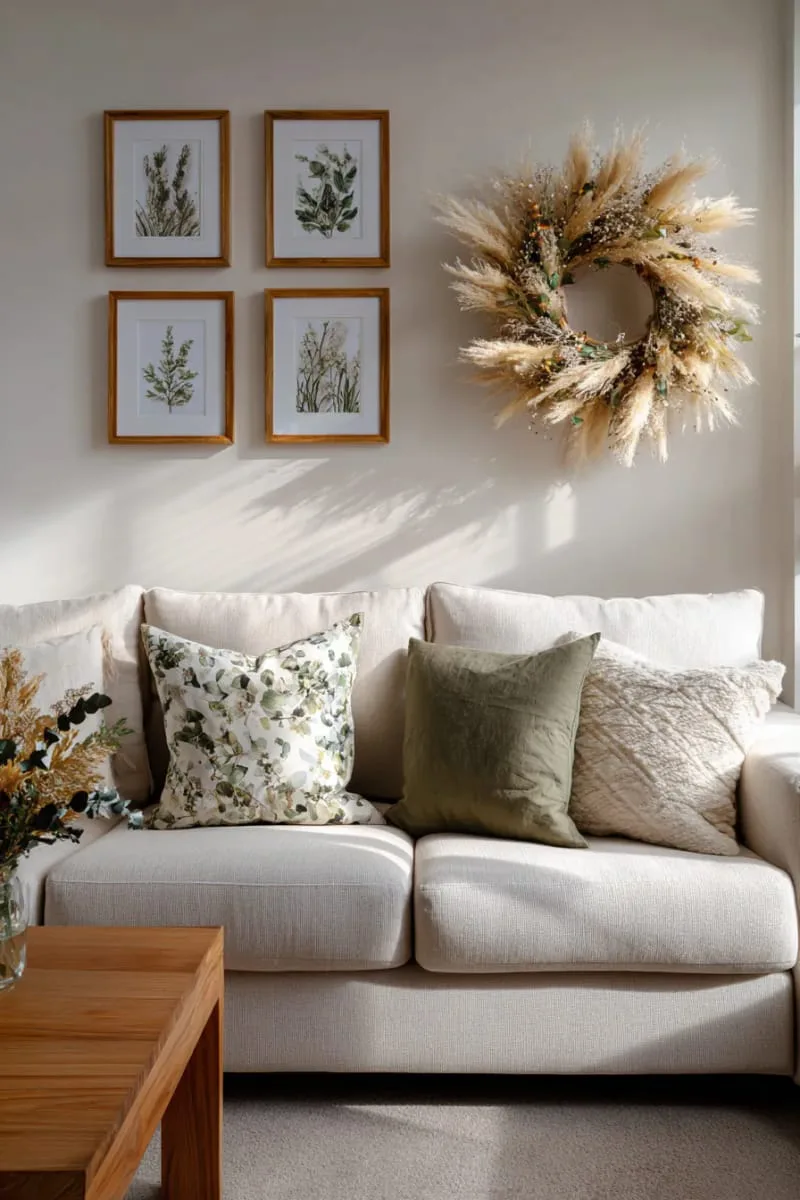 gallery wall of framed botanical prints and neutral wreath 1
