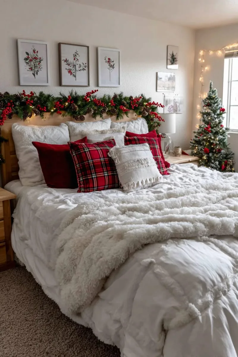 garland draped above the headboard with red berries and pinecones 1