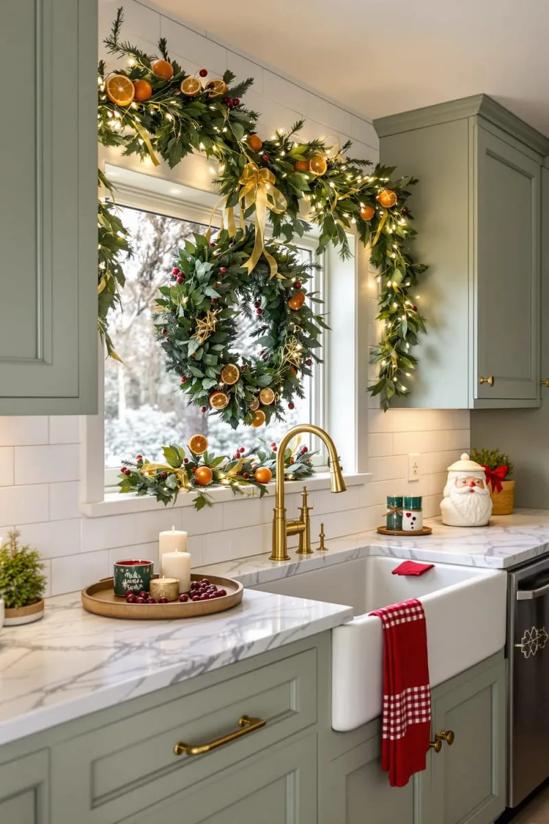 23 Christmas Countertop Decor Ideas Guests Can’t Stop Talking About 102 garland draped across backsplash with dried oranges and pine sprigs 1