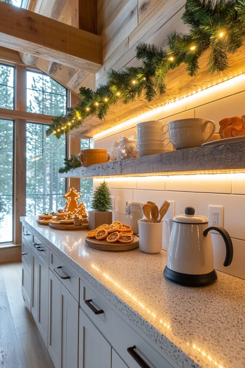 23 Christmas Countertop Decor Ideas Guests Can’t Stop Talking About 64 garland draped across backsplash with dried oranges and pine sprigs 1
