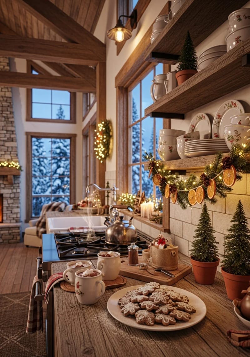 23 Christmas Countertop Decor Ideas Guests Can’t Stop Talking About 65 garland draped across backsplash with dried oranges and pine sprigs 1