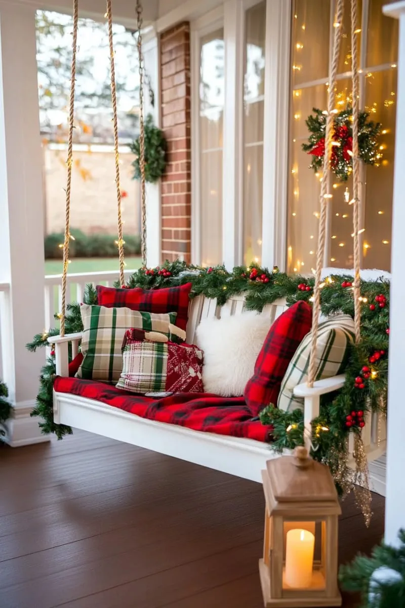 23 Exterior Christmas Decor Ideas Guests Will Remember All Season Long 75 garland-draped porch swing with tartan blankets and red berry accents 1