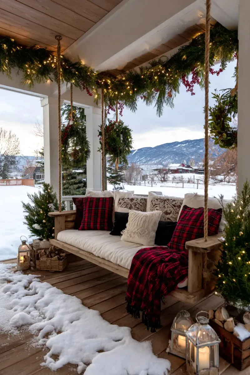23 Exterior Christmas Decor Ideas Guests Will Remember All Season Long 76 garland-draped porch swing with tartan blankets and red berry accents 1