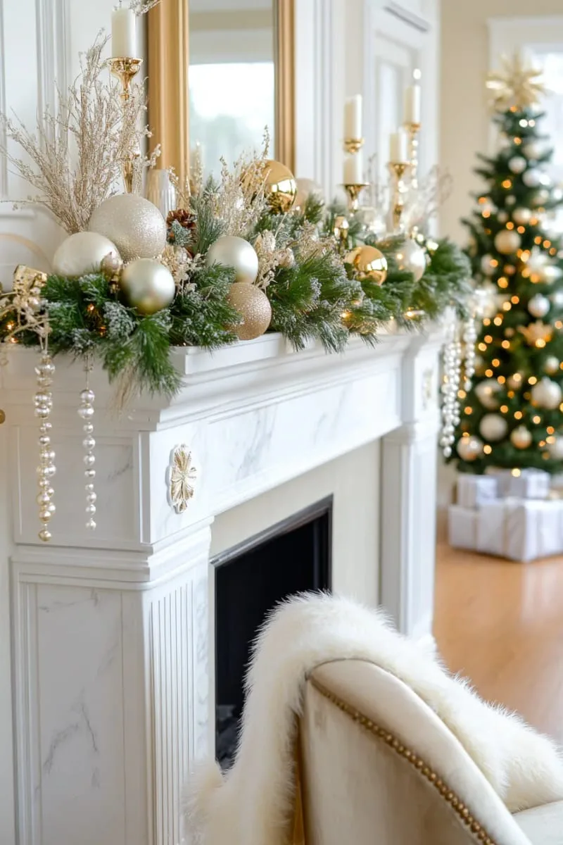 garland draped with pearl strands and gold snowflakes for elegance 1