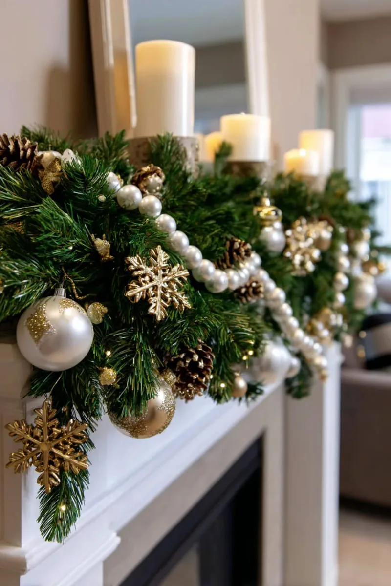 garland draped with pearl strands and gold snowflakes for elegance 1