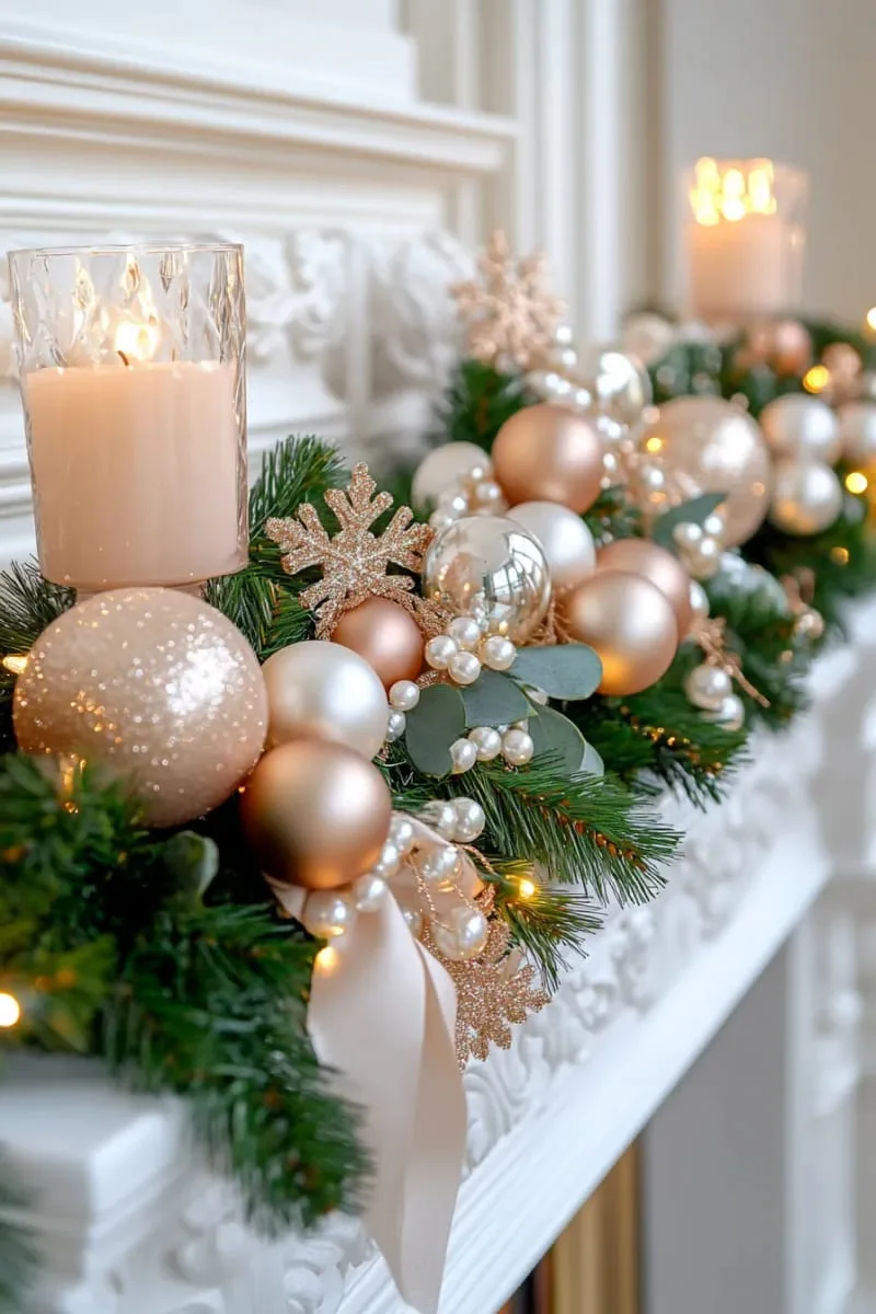 garland draped with pearl strands and gold snowflakes for elegance 1
