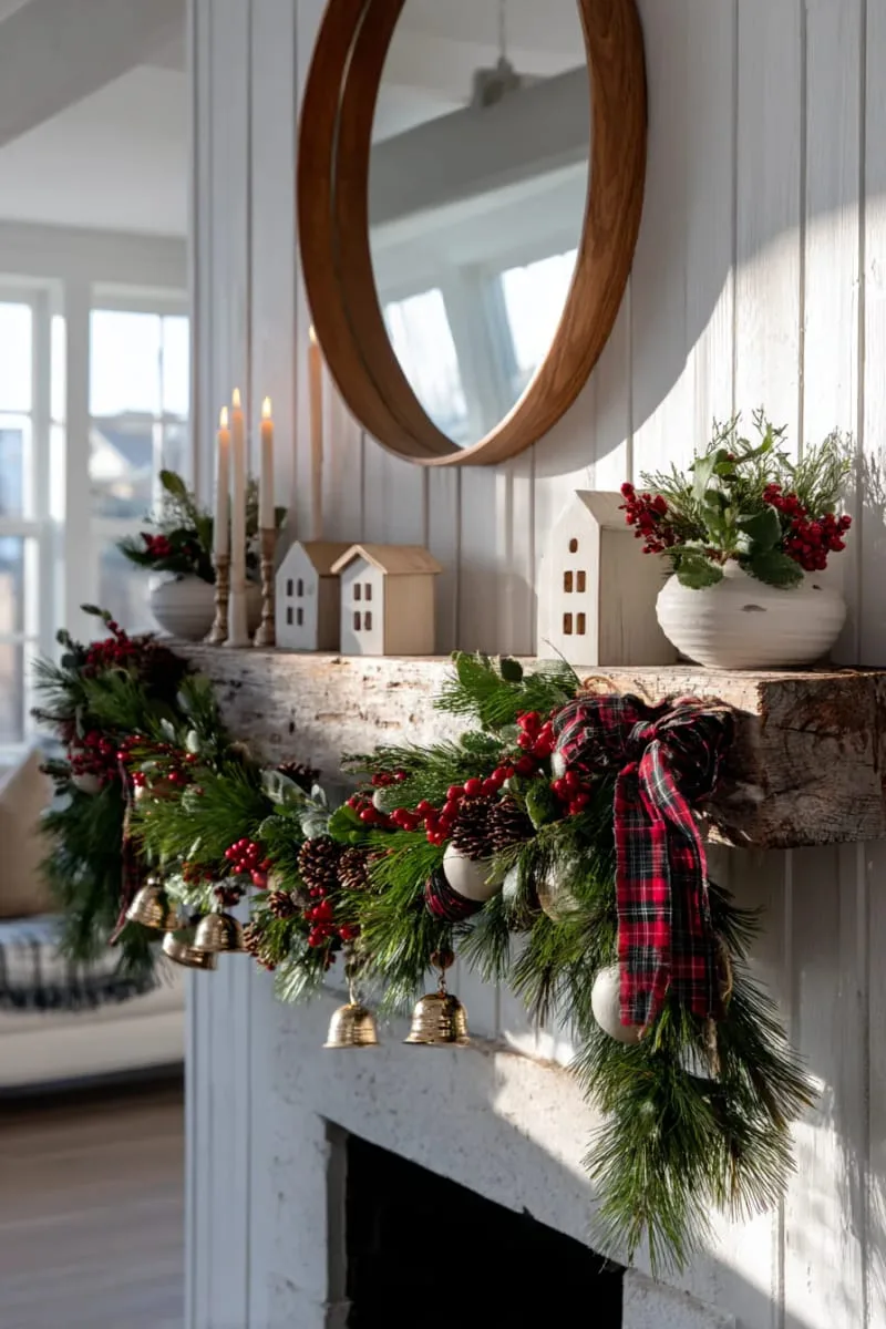 garland intertwined with bells and plaid ribbon for farmhouse cheer 1