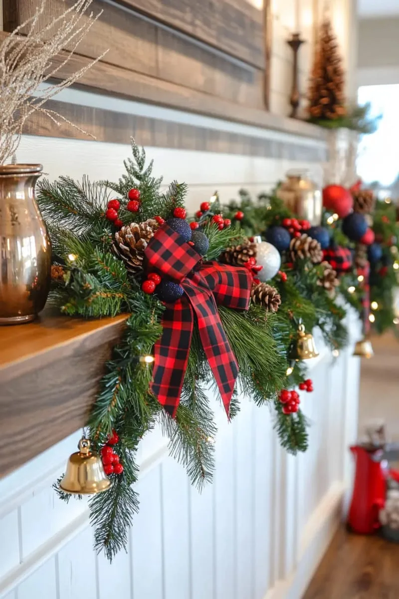 garland intertwined with bells and plaid ribbon for farmhouse cheer 1