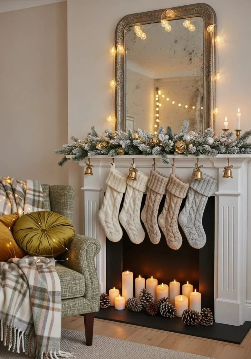 garland of frosted eucalyptus and gold bells draped across the fireplace 1
