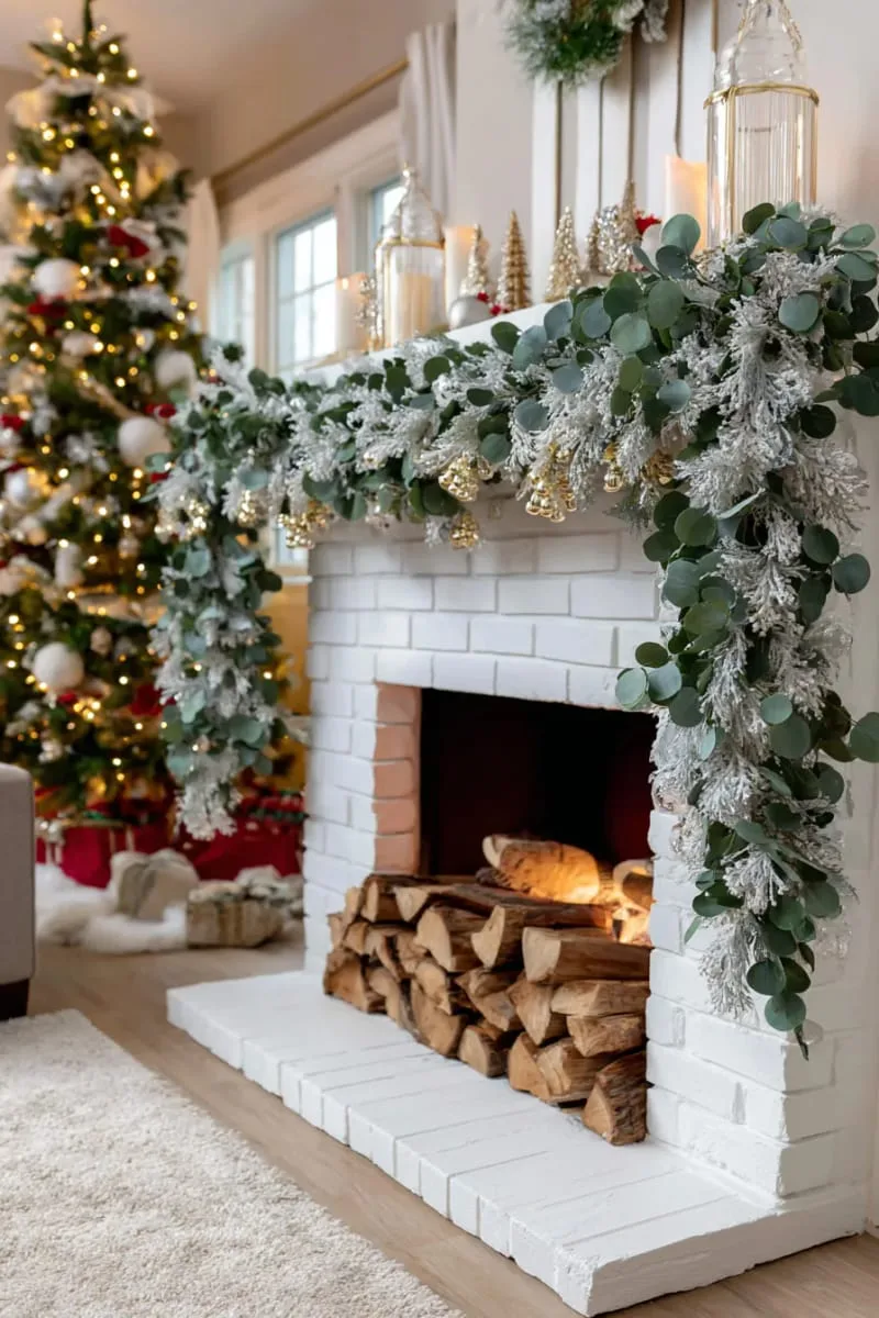 garland of frosted eucalyptus and gold bells draped across the fireplace 1