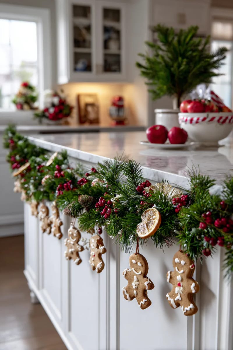 23 Christmas Kitchen Island Decor Ideas That Bring Instant Holiday Charm 55 garland with hanging gingerbread men and dried orange slices 1