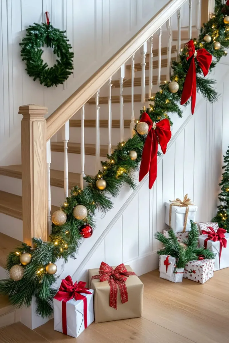 25 Traditional Christmas Decor Ideas with a Nostalgic Vintage Touch 49 garland-wrapped banisters with oversized red bows and gold baubles 1