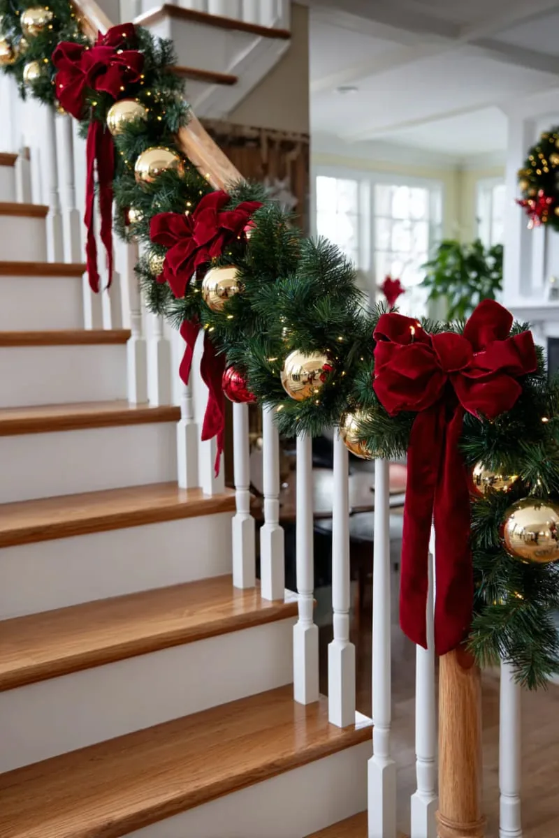 25 Traditional Christmas Decor Ideas with a Nostalgic Vintage Touch 50 garland-wrapped banisters with oversized red bows and gold baubles 1