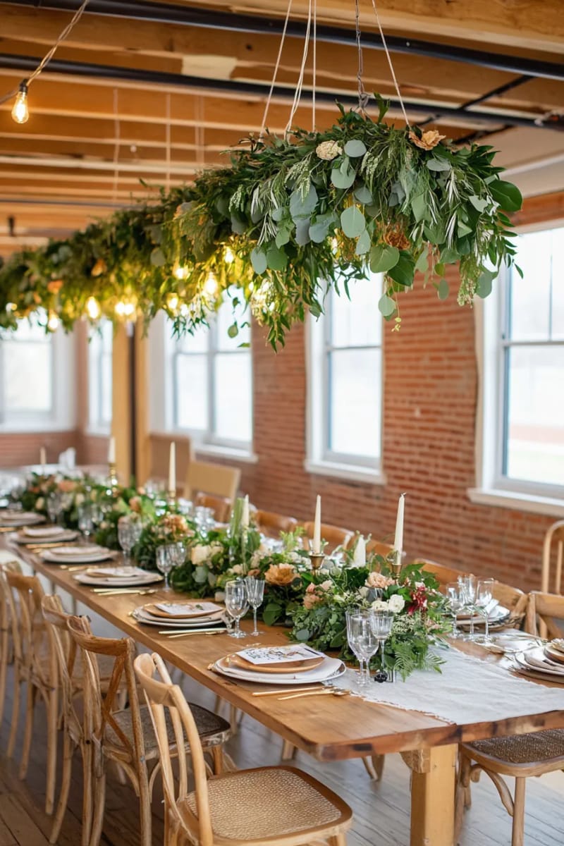 garland-wrapped chandeliers above a rustic wooden dining table 1