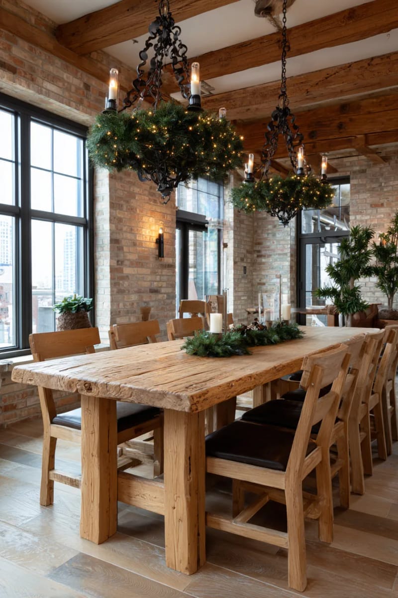 garland-wrapped chandeliers above a rustic wooden dining table 1