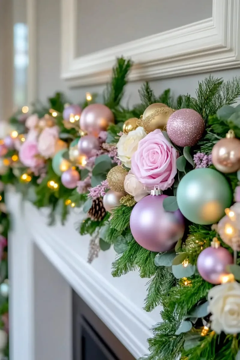garland wrapped with fairy lights and pastel ornaments for a soft look 1