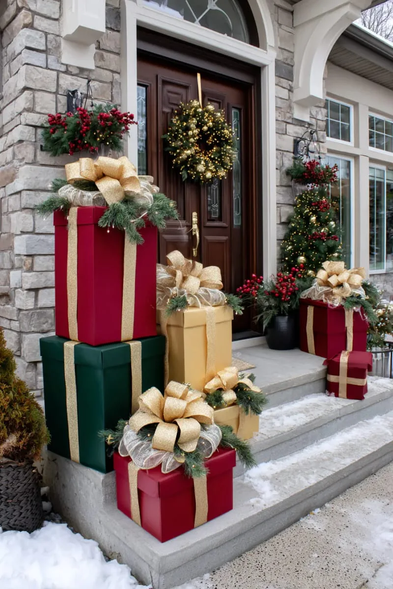 giant 3d gift boxes stacked with fairy lights and festive ribbon 1