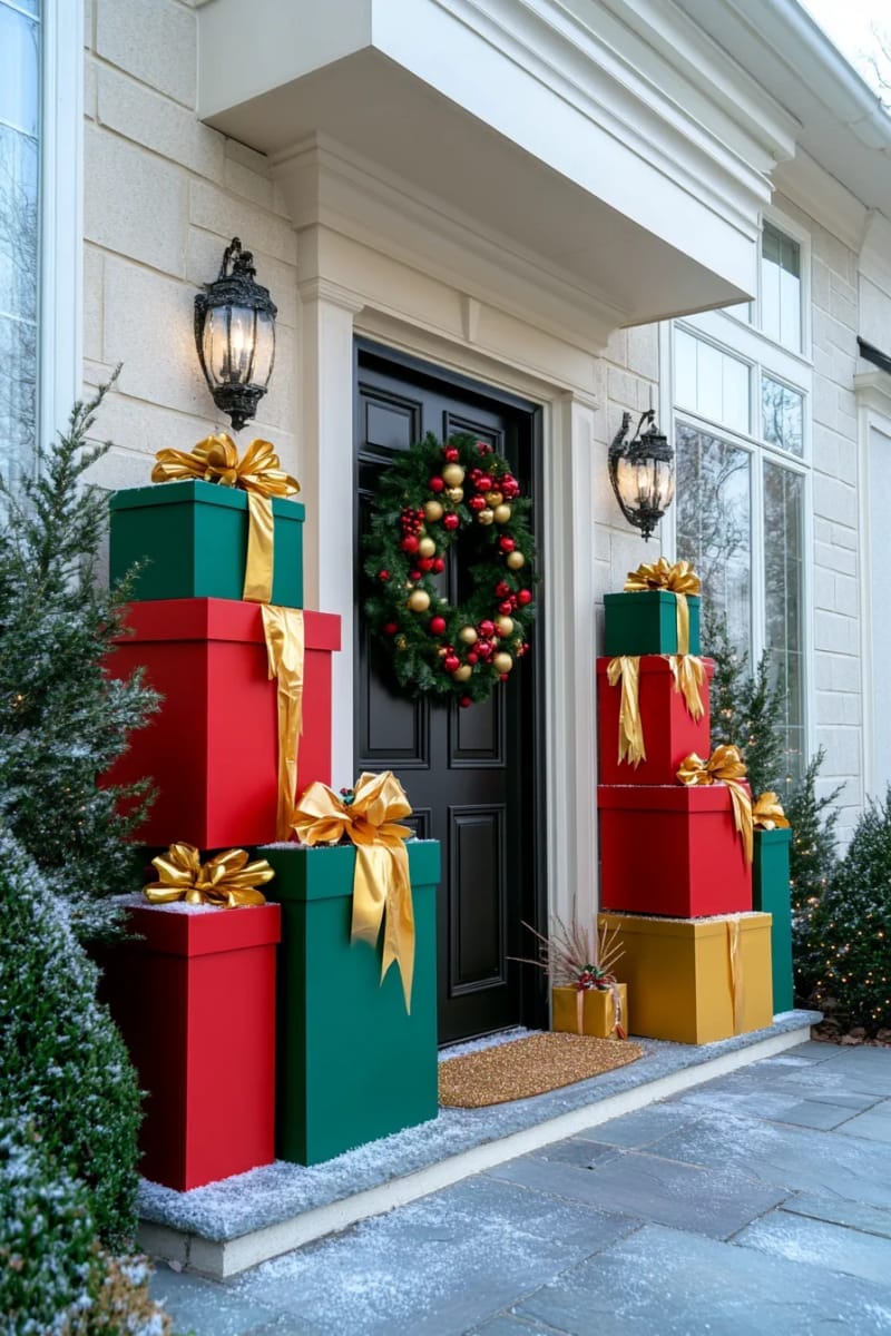 29 Festive Christmas Door Decor Ideas for a Magical Entry 13 giant 3d gift boxes stacked with fairy lights and festive ribbon 1