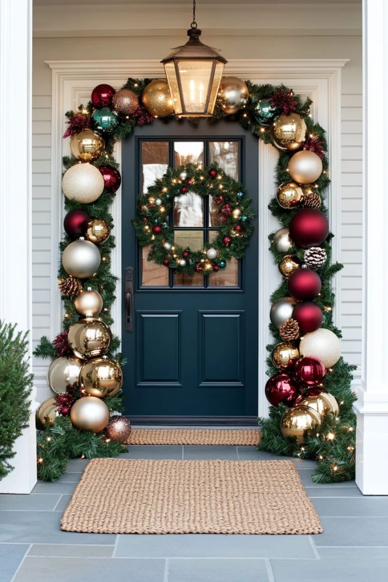 27 Beautiful Christmas Front Door Decor Ideas to Inspire 20 giant bauble garland framing the doorway for dramatic impact 1