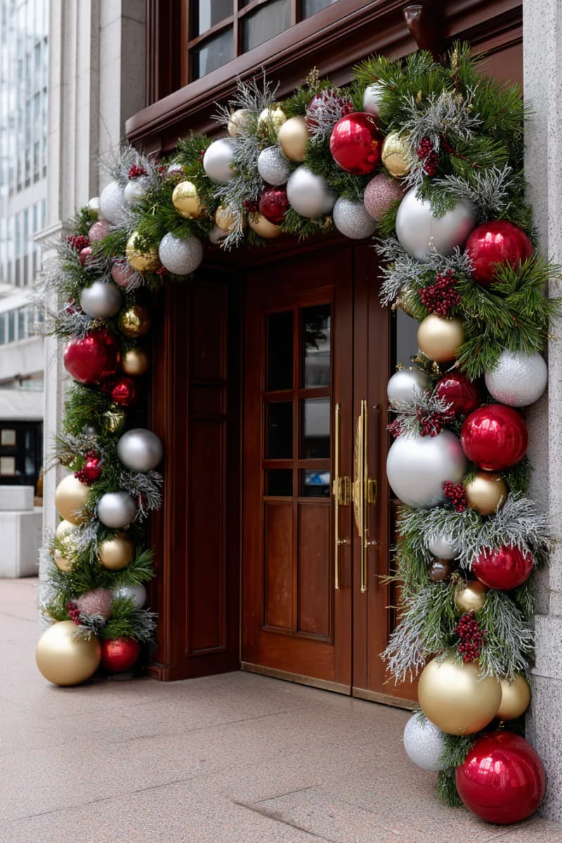 27 Beautiful Christmas Front Door Decor Ideas to Inspire 21 giant bauble garland framing the doorway for dramatic impact 1