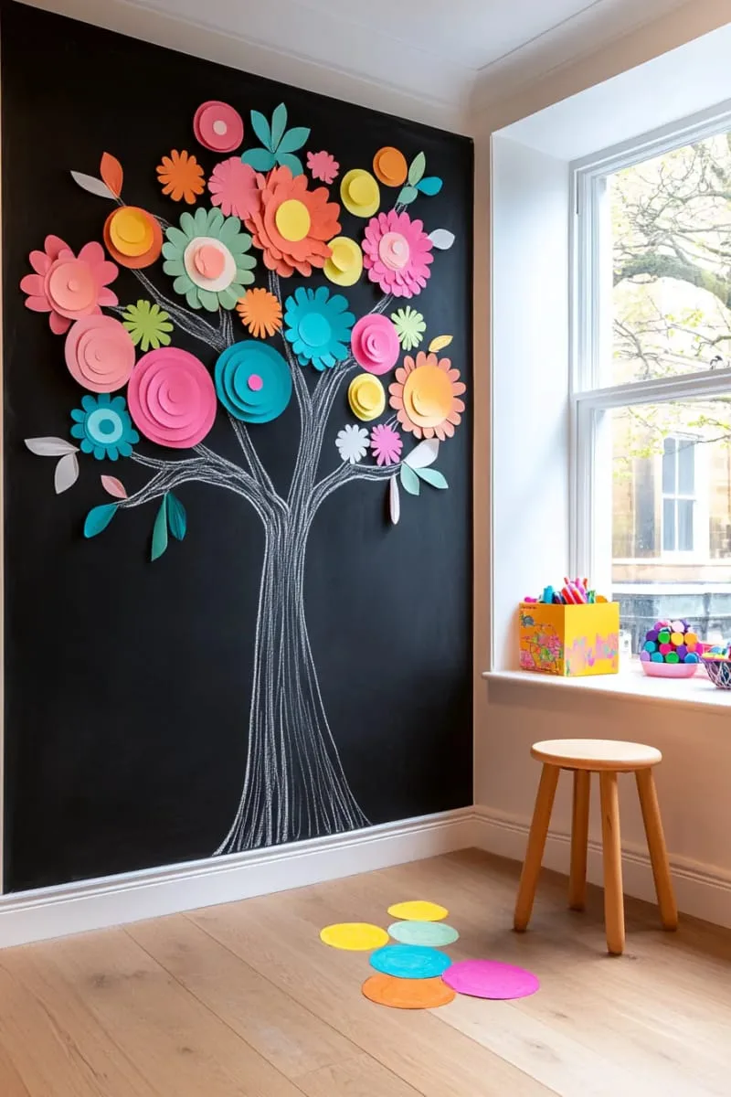 27 Stunning Christmas Decoration Crafts for a Unique 2025 128 giant blackboard door tree with colorful paper circle ornaments 1