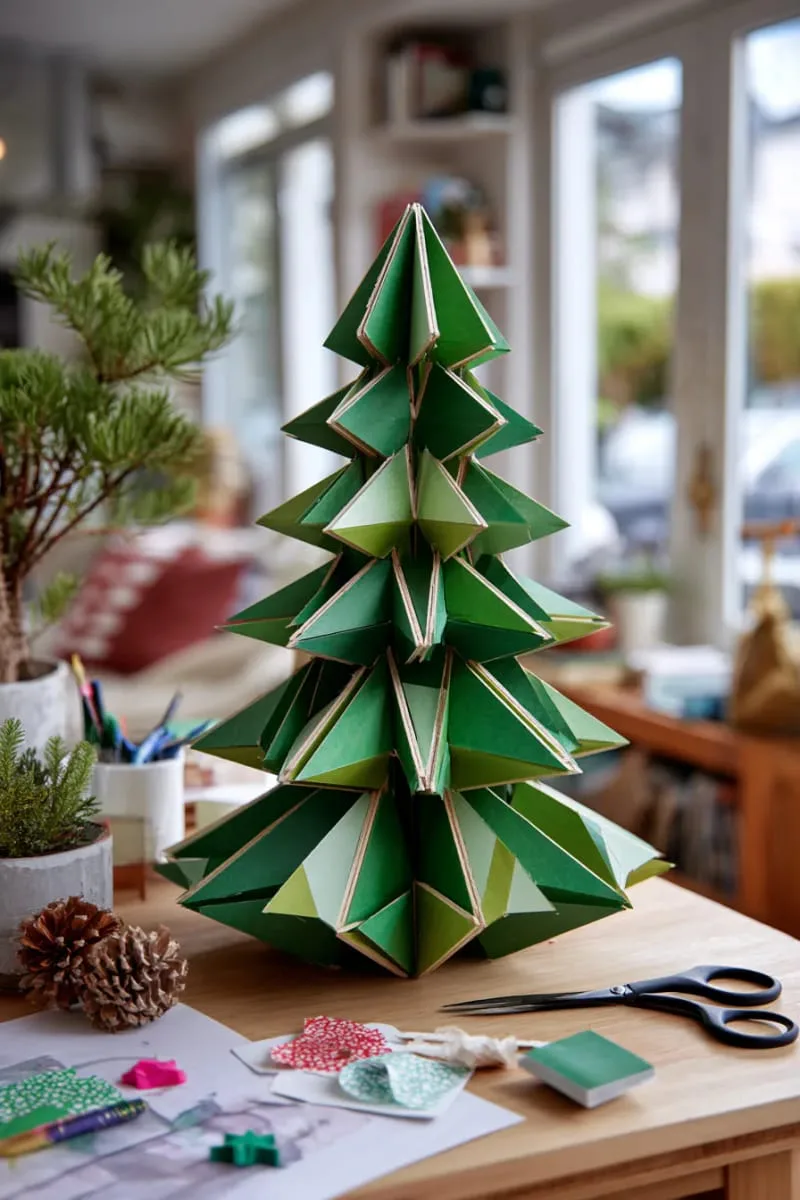 27 Stunning Christmas Decoration Crafts for a Unique 2025 21 giant geometric green cardboard christmas tree centerpiece 1