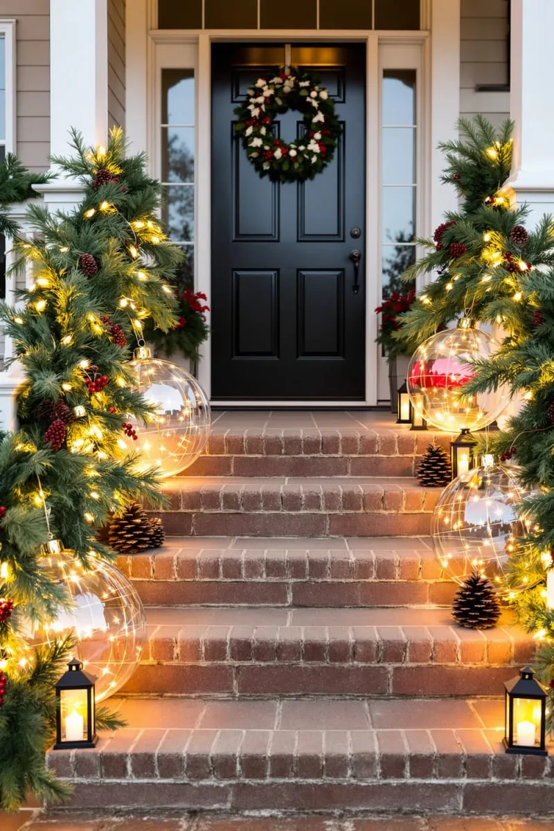 giant ornament lights mixed with real greenery on steps 1