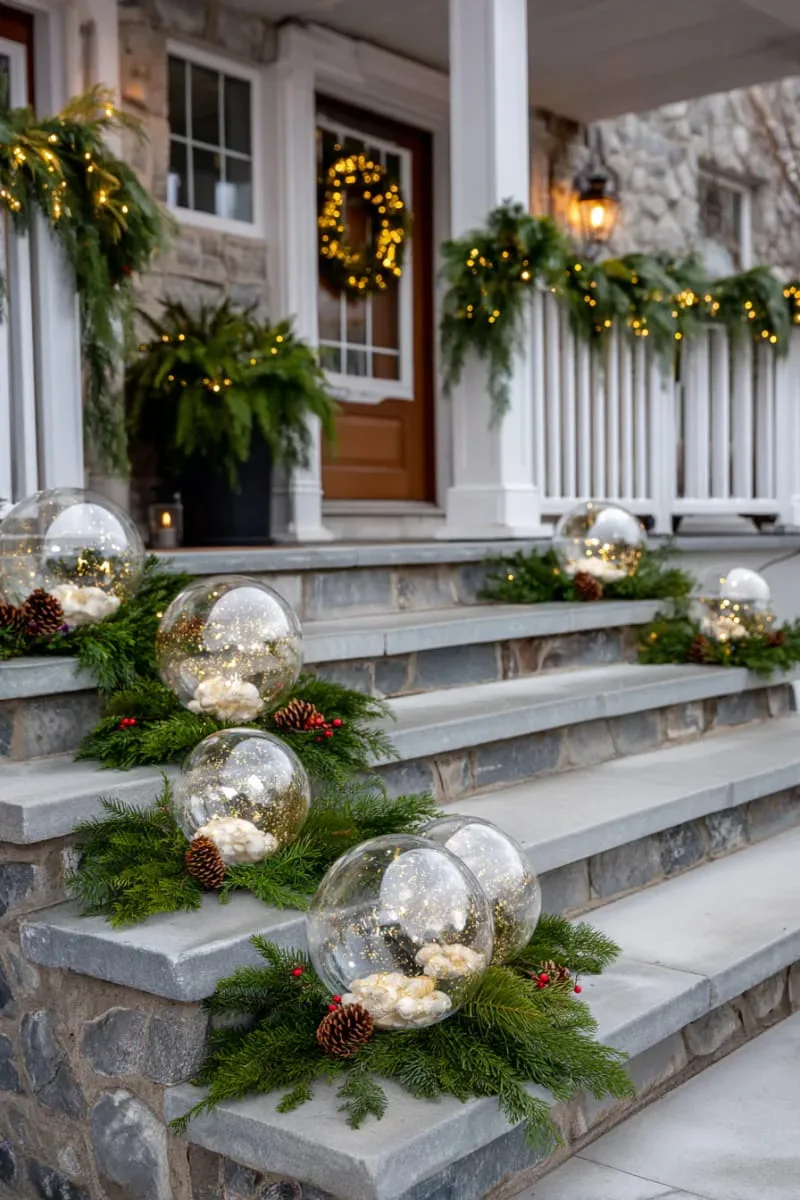 giant ornament lights mixed with real greenery on steps 1
