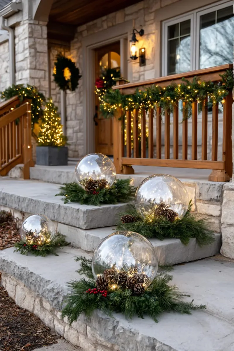 giant ornament lights mixed with real greenery on steps 1